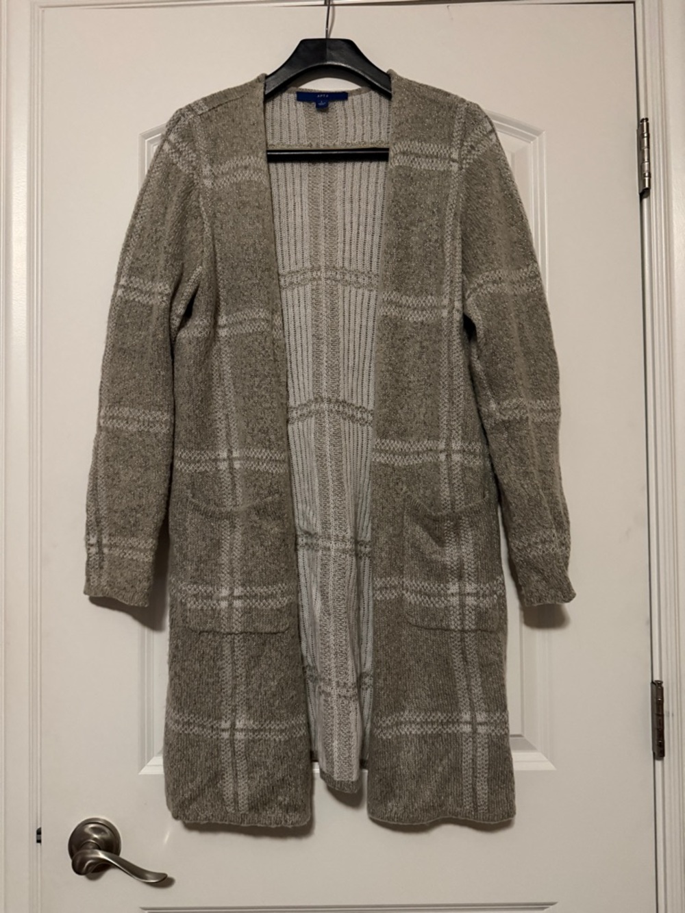 Apt. 9 Ladies size Large Open-Front Plaid Cardigan Sweater - tan and beige.